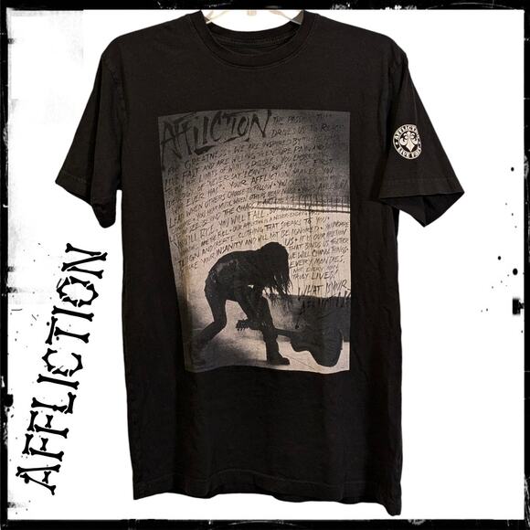 Black AFFLICTION Creed Smashing Guitar & Lyrics Short Sleeve T-Shirt Men's M - Picture 1 of 5